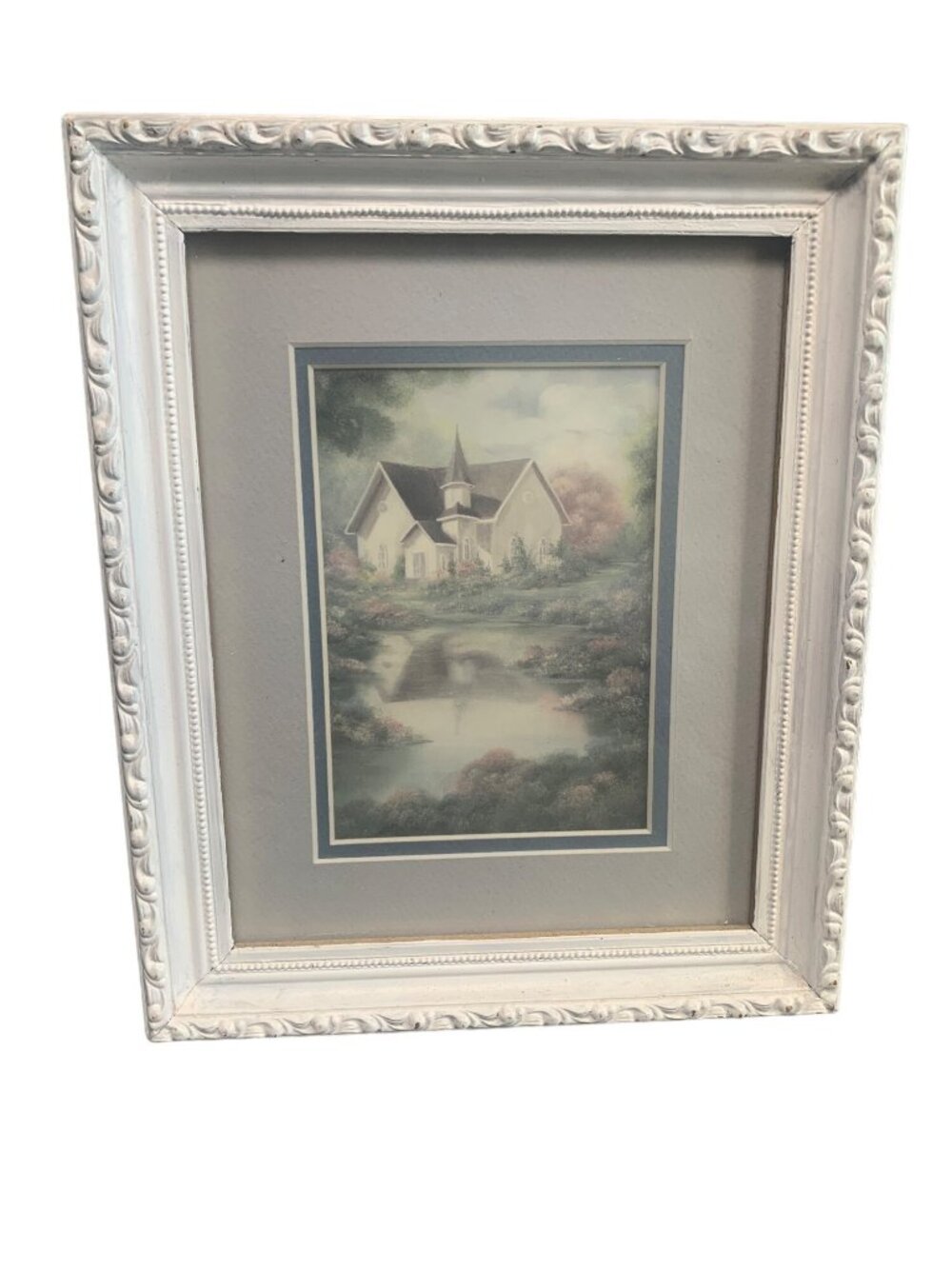 Vintage Framed Art Print of A Serene Church Landscape in Ornate White Frame
